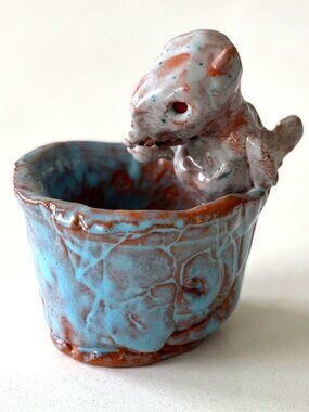 Signed RM Handmade Studio Pottery Whale Planter Bowl Blue Drip Glaze